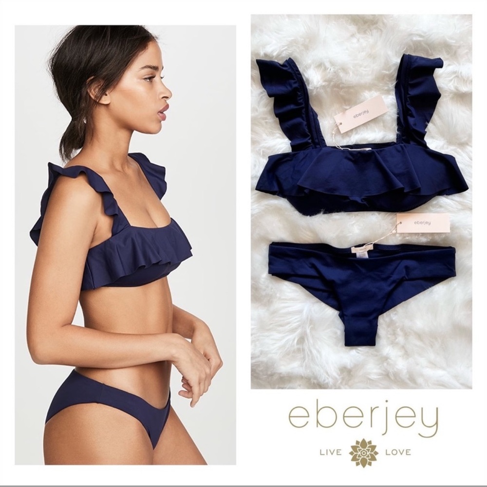 New! EBERJEY Navy Ruffle Bikini Set Jane Top Coco Bottom